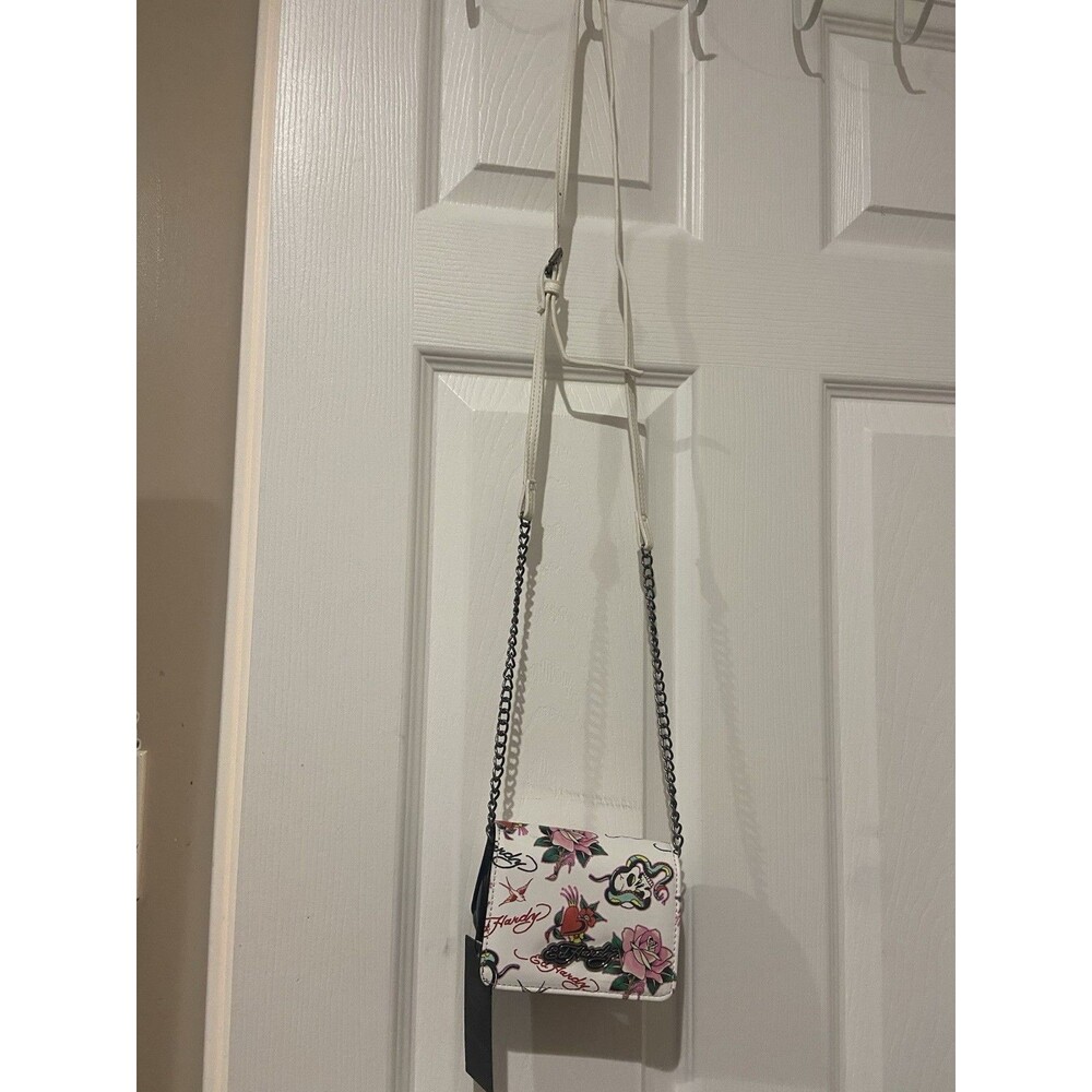 Ed Hardy White Pink Black Floral Small Crossbody Wallet, Chain Strap, Zip Snap